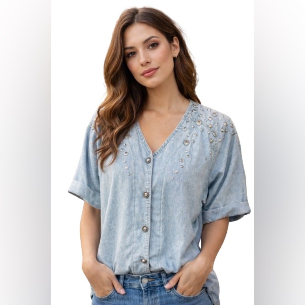 Vintage 90s Studded Denim Shirt • Light Wash Button Up